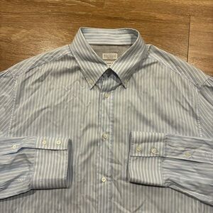 Brunello Cucinelli Light Blue Striped Dress Shirt 3XL Button Down Long Sleeve